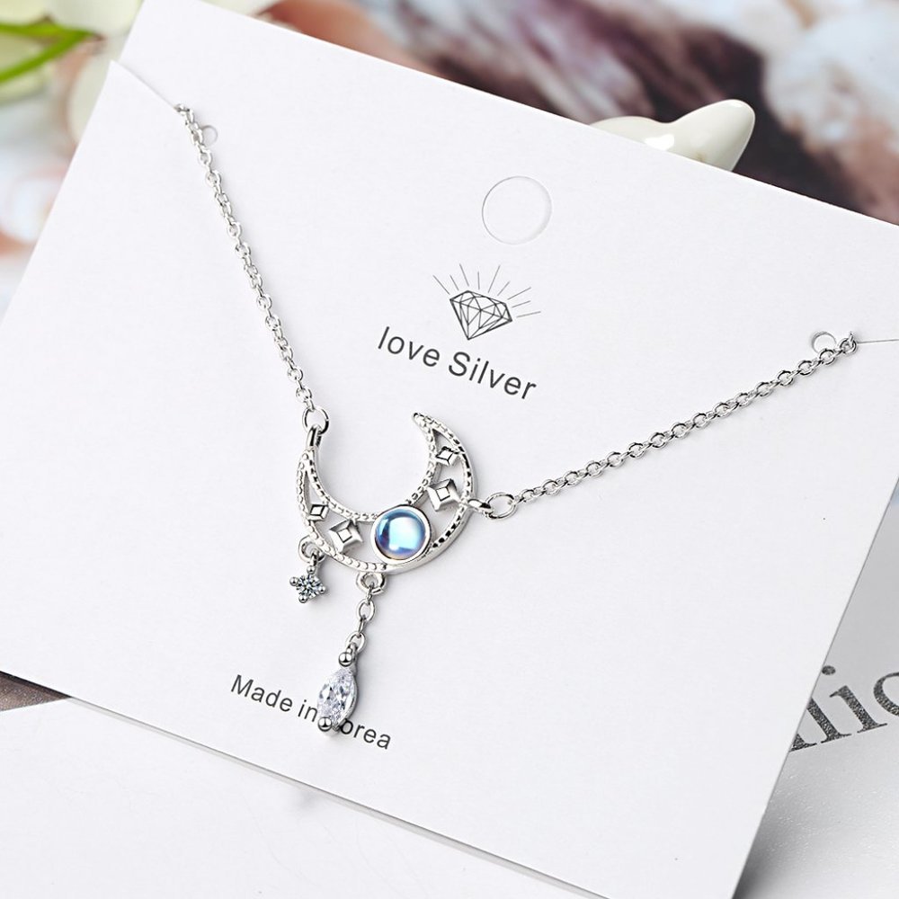 NEW 925 Sterling Silver Diamond Moon Necklace